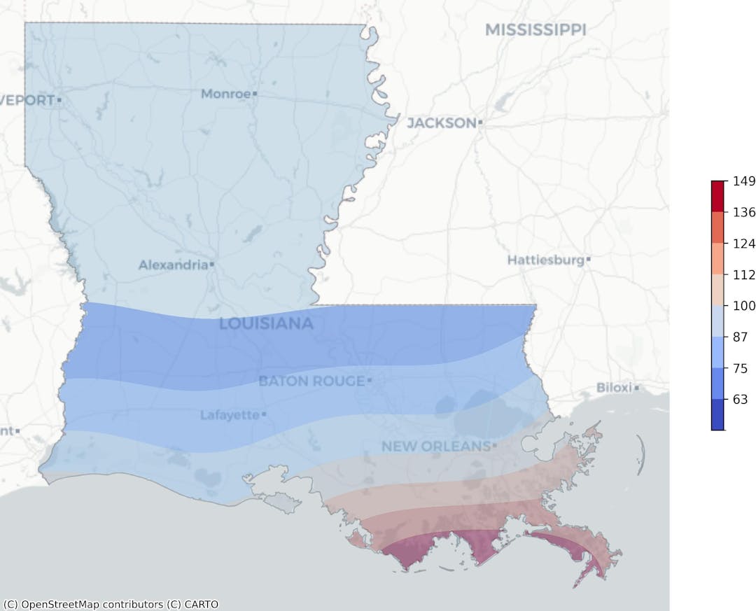 Louisiana tropical cyclone risk heat map: Regions color-coded based on frequency of hurricanes and tropical storms, weighted by wind speed, derived from NOAA's historical cyclone track data